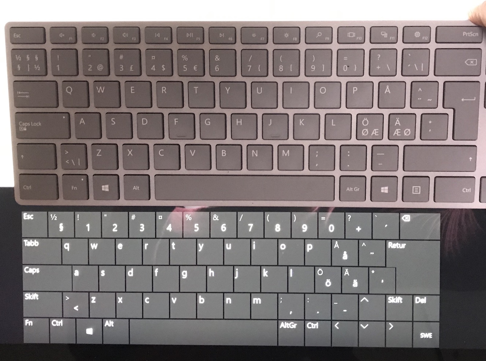 Surface software and hardware keyboards side by side