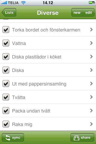 Checked off todo items in Zenbe Lists on the Iphone