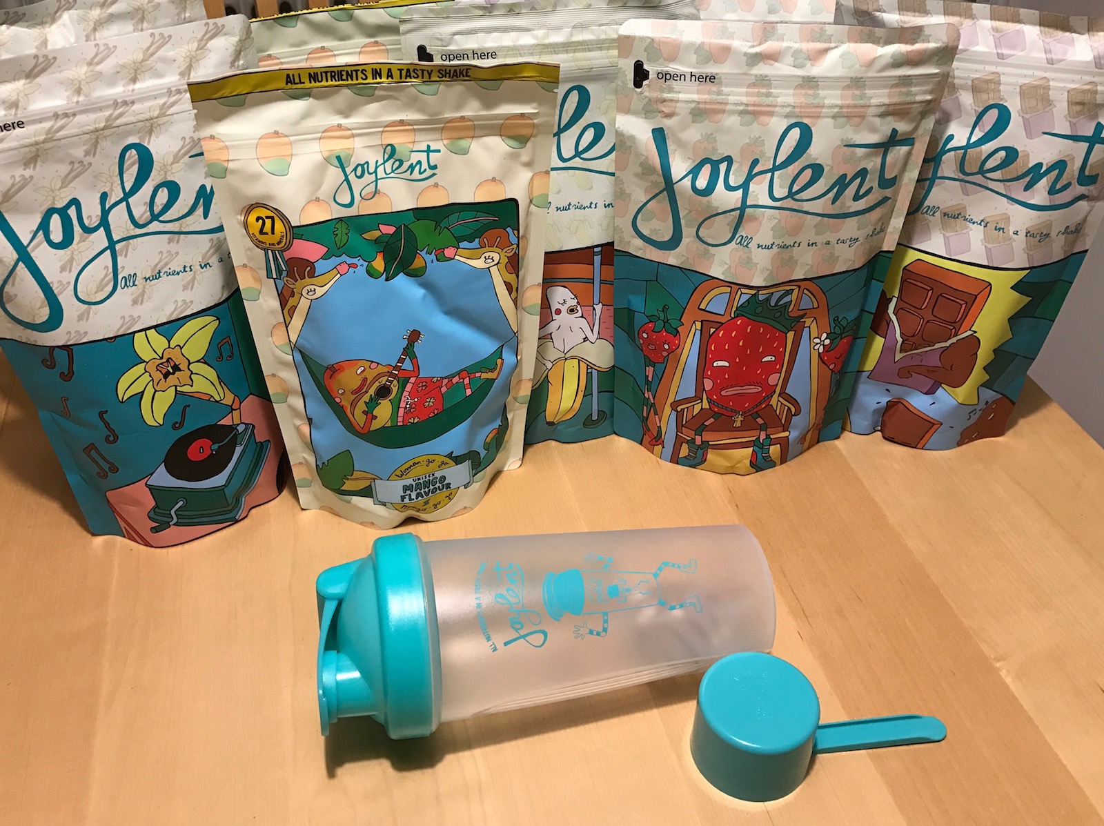 Ten bags of Joylent on the table